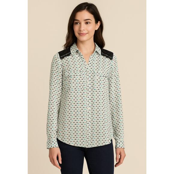 Candie’s XS Geometric Button Blouse Lace Shoulder Long Roll Tab Sleeve Top - Picture 3 of 13